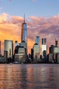 Sunset view of Lower Manhattan with reflections in the Hudson River Royalty Free Stock Photo