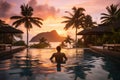 sunset view of a man in swimming pool in a tropical luxury resort generative AI Royalty Free Stock Photo