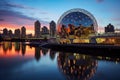 Sunset view of modern architecture in Rotterdam, Netherlands, Science World in Vancouver, Canada, AI Generated Royalty Free Stock Photo