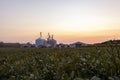 A sunset view of the modern granaries and silos of a large industrial size farm Royalty Free Stock Photo