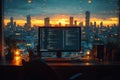 Sunset view from a modern workspace with computer and city skyline in the b Royalty Free Stock Photo