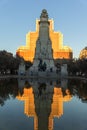 Sunset view of Monument to Cervantes and Don Quixote and Sancho Panza at Spain Square in City o Royalty Free Stock Photo