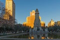 Sunset view of Monument to Cervantes and Don Quixote and Sancho Panza at Spain Square in City o Royalty Free Stock Photo