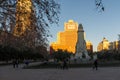 Sunset view of Monument to Cervantes and Don Quixote and Sancho Panza at Spain Square in City o Royalty Free Stock Photo