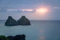 Sunset view of Morro Dois Irmaos and Praia do Americano Beach from Boldro Fortress Viewpoint - Fernando de Noronha, Brazil Royalty Free Stock Photo