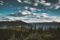 Sunset View from Mount Revelstoke across forest with blue sky and clouds. British Columbia Canada.