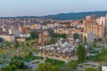 Sunset view of the National library of Kosovo and unfinished serbian orthodox church of Christ the Saviour in Prishtina, Kosovo