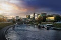 Sunset view of Neris River with the modern buildings of the new city center southern Snipiskes - Vilnius, Lithuania Royalty Free Stock Photo