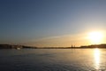 Sunset view of Neva River with high rise buildings Royalty Free Stock Photo