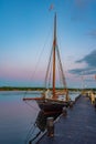 Sunset view of old boats at marina in Svendborg, Denmark Royalty Free Stock Photo