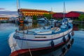 Sunset view of old boats at marina in Svendborg, Denmark Royalty Free Stock Photo