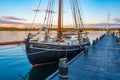 Sunset view of old boats at marina in Svendborg, Denmark Royalty Free Stock Photo