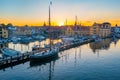 Sunset view of old boats at marina in Svendborg, Denmark Royalty Free Stock Photo