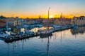 Sunset view of old boats at marina in Svendborg, Denmark Royalty Free Stock Photo