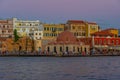 Sunset view of Old mosque at the seaside of old Venetian harbor