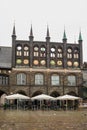 Sunset view of the Old Town pier architecture in Lubeck, Germany Royalty Free Stock Photo