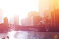 Sunset view over the Chicago river and downtown Royalty Free Stock Photo