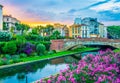 Sunset view over La Bassa river flowing through the city center of Perpignan, France Royalty Free Stock Photo