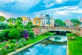 Sunset view over La Bassa river flowing through the city center of Perpignan, France Royalty Free Stock Photo