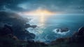 Sunset view over misty stormy sea and rocky cliffs. Majestic seaside with glowing sunlight reflecting in water. Royalty Free Stock Photo