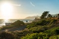 Sunset view of the Pacific Ocean and railroad tracks at a Ventura County beach, California, USA Royalty Free Stock Photo