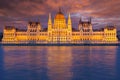 Sunset view Parliament Building along river Danube