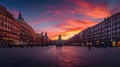 Sunset view of people walking on the plaza near a majestic building in Madrid, AI-generated.