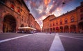 Sunset view of the piazza Santo Stefano at the evening, Bologna.