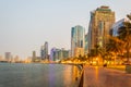 Sunset view of a promenade alongside the Khalid lagoon in Sharjah, UAE Royalty Free Stock Photo