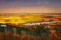 Sunset View From Radobyl Hill To European River Labe, Golden Fields, Hill Rip On Horizont And Cities Bohusovice Nad Ohri, Terezin