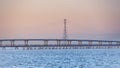 Sunset view of the raised part of Dumbarton Bridge and an old railroad track, connecting Fremont to Menlo Park, San Francisco bay Royalty Free Stock Photo