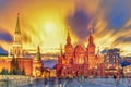 Sunset view of the Red Square, Moscow Kremlin, Lenin mausoleum, historican Museum in Russia. World famous Moscow landmarks for