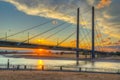 Sunset view of Rheinkniebrucke bridge in Dusseldorf, Germany Royalty Free Stock Photo