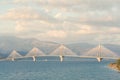 Sunset view on the Rion-Antirion bridge near Patras, Greece Royalty Free Stock Photo