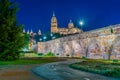 Sunset view of Roman bridge leading to the Salamanca cathedral, Spain Royalty Free Stock Photo