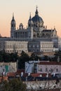 Sunset view of Royal Palace and Almudena Cathedral in City of Madrid, Spain Royalty Free Stock Photo