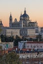 Sunset view of Royal Palace and Almudena Cathedral in City of Madrid, Spain Royalty Free Stock Photo