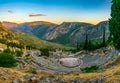 Sunset view of ruins of theatre at ancient Delphi, Greece Royalty Free Stock Photo