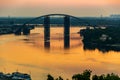 Sunset, view of the rusty unfinished bridge in Kiev, Ukraine. Known for its unusual design and very beautiful and