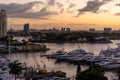 Sunset view sailboats, yachts and Cruise Ships docked in the canals of Fort Lauderdale Florida.