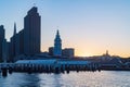 Sunset view of the San Francisco skyline from Pier 14 Royalty Free Stock Photo