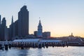 Sunset view of the San Francisco skyline from Pier 14 Royalty Free Stock Photo