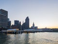 Sunset view of the San Francisco skyline from Pier 14 Royalty Free Stock Photo