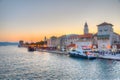 Sunset view of seaside of Croatian town Trogir