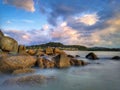 Sunset view with silky smooth water reflection on the sea shore landscape with beautiful sunset view.