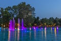 Sunset view of Singing Fountains in City of Plovdiv, Bulgaria Royalty Free Stock Photo