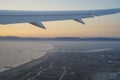 Sunset view of sky from a window seat in an airplane Royalty Free Stock Photo