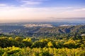 Sunset view from Skyline Highway towards Stanford University, Palo Alto and Menlo Park, Silicon Valley, San Francisco Bay Area, Royalty Free Stock Photo