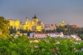 Sunset view of skyline of Madrid with Santa Maria la Real de La Almudena Cathedral and the Royal Palace, Spain Royalty Free Stock Photo