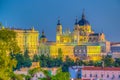 Sunset view of skyline of Madrid with Santa Maria la Real de La Almudena Cathedral and the Royal Palace, Spain Royalty Free Stock Photo